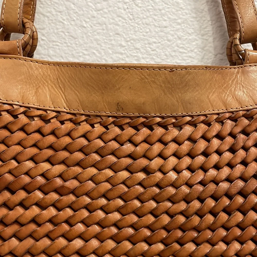Woven Tan Leather Shoulder Bag